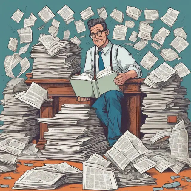 A speaker holding a tax return with an honorarium labeled, surrounded by stacks of books and 1099 forms.