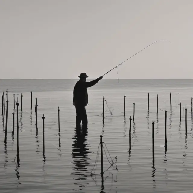 A fisherman patiently casts his line in a sea of candlestick charts, symbolizing the search for hook reversal signals to confirm trend changes