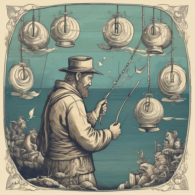 A fishing boat with hooks symbolizing hook reversals navigating a sea of candlestick charts, signaling trend changes for bulls and bears.