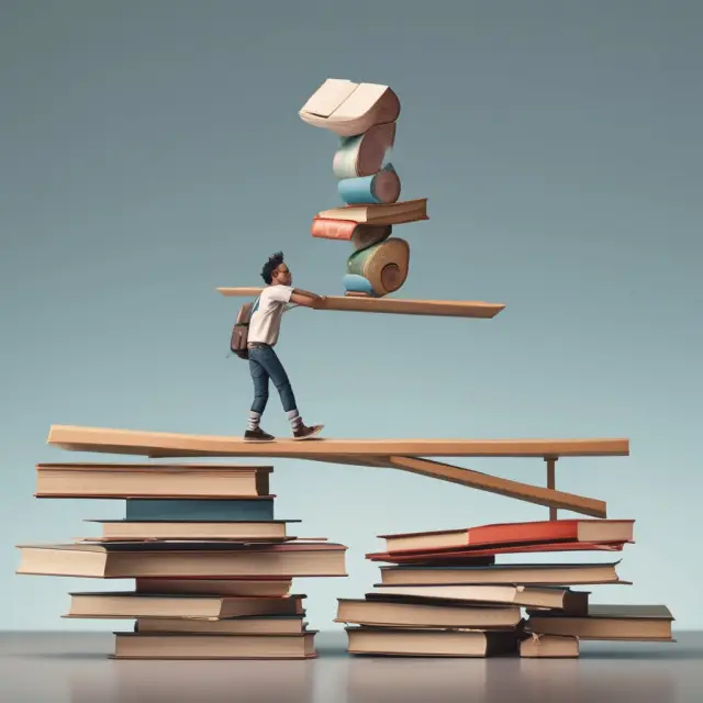 Student balancing eligibility requirements (books on one side) against income thresholds.