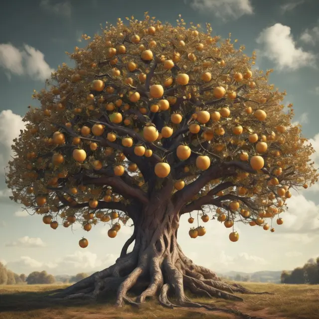 An expansive tree adorned with gold fruit, symbolizing the enlarged Hope Credit benefits under ARRA for postsecondary education