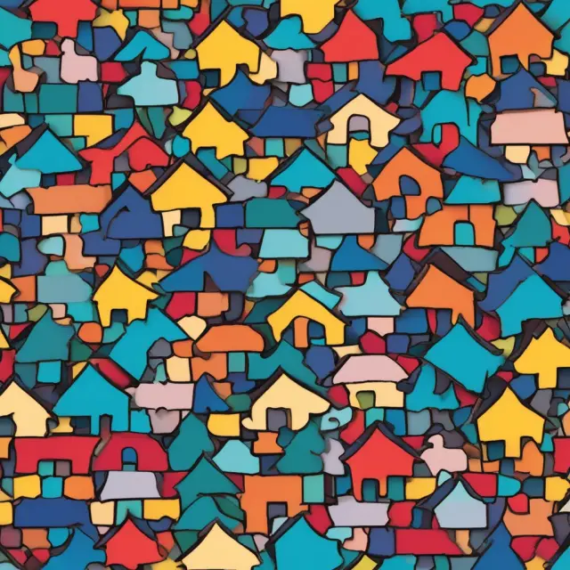 A dynamic tableau of stakeholders coming together to form a house from puzzle pieces, illustrating the collaboration within Hope Now Alliance and its role in resolving housing crises.