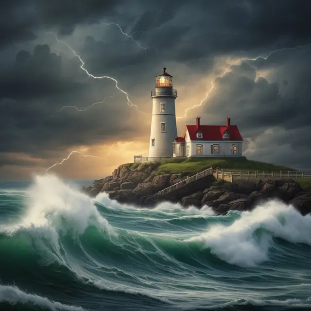 A beacon of hope as a lighthouse represents Hope Now Alliance, helping homeowners navigate financial crises with loan modifications and ethical practices.