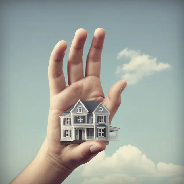 A hopeful hand extending from the horizon to support a wobbly house, reflecting Hope Now Alliance
