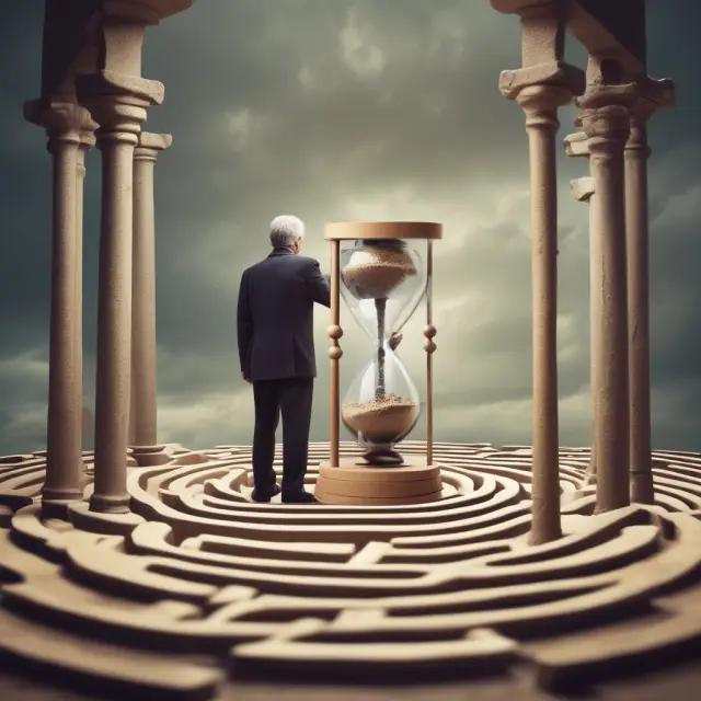 Retiree examining a maze of bond investment options with a shortened hourglass, applying horizon analysis for informed decisions