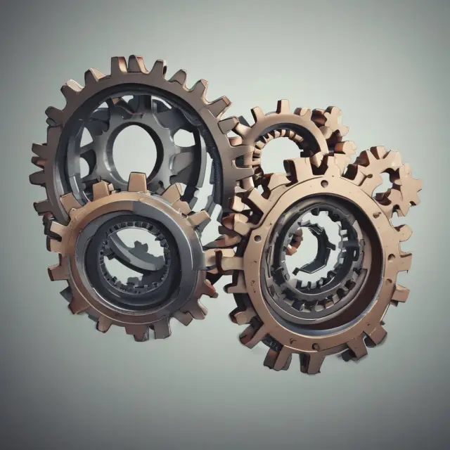 Two large, interlocking gears symbolizing the merger of two companies during a horizontal acquisition, representing increased production capacity and expanded market reach.