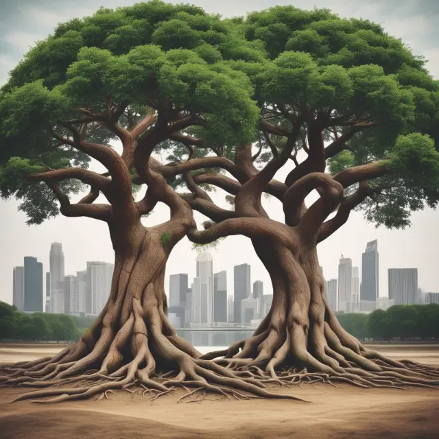Two merging trees symbolize the challenges and benefits of horizontal acquisitions, featuring diverse cultural roots and intertwined growth.