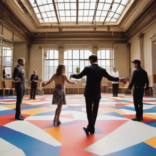 Two large companies merging and dancing together, expanding their influence in an industry.