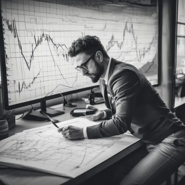 A trader meticulously drawing support and resistance lines on a financial chart to identify key price levels and inform buying/selling decisions