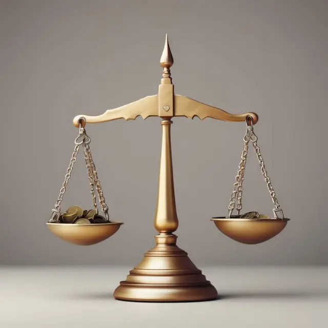 Scales balanced on a table, one side filled with golden coins symbolizing revenue growth, while the other side shows a chart illustrating horizontal analysis.