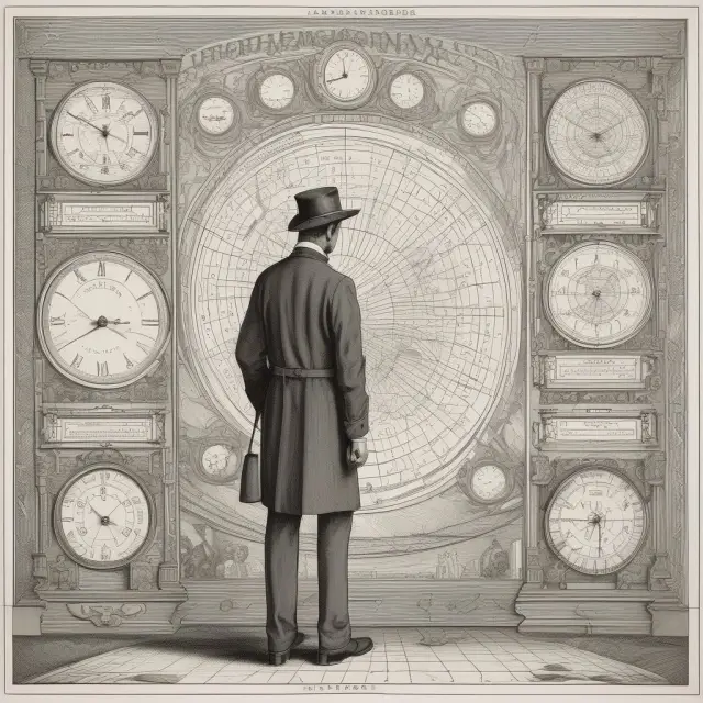 A time traveler studying multiple stock charts side-by-side, illustrating the concept of analyzing horizontal channels across various time frames