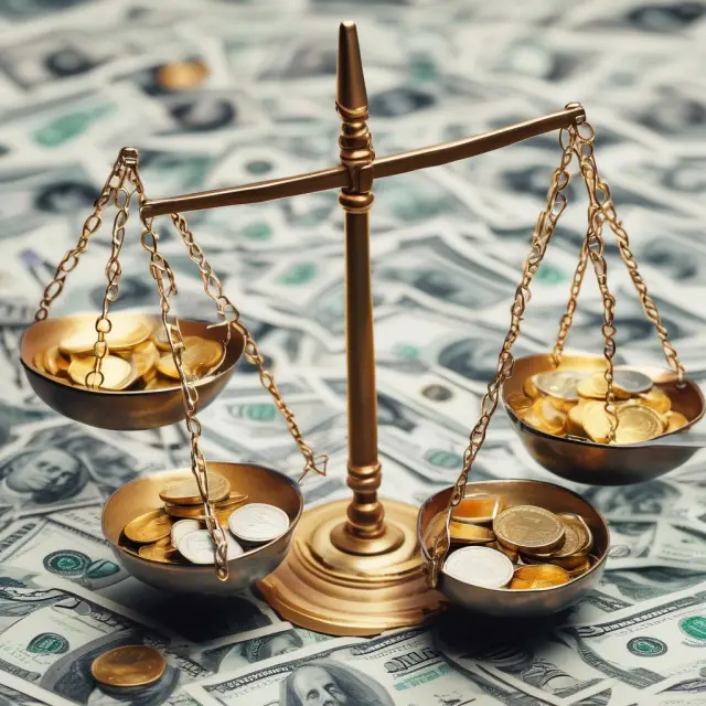 Golden scales balanced with gold coins and dollar bills illustrating horizontal equity in taxes, and a nondiscriminatory tax system represented by tax neutrality.