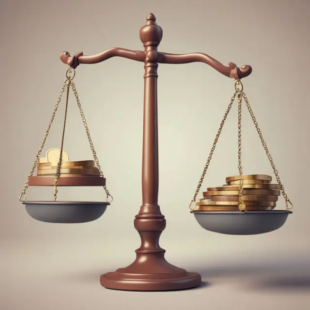 Image: Scales balanced with coins symbolizing income, arrows adjusting for horizontal equity (fairness) and progressivity.