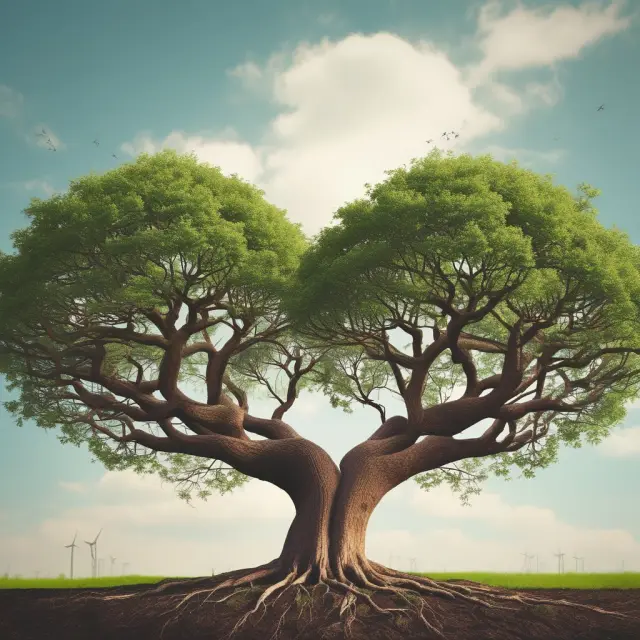 Two trees merging their roots, illustrating economies of scale, cost savings, and market expansion through horizontal integration