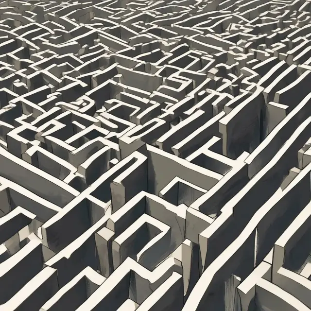 A person navigates a labyrinth filled with antitrust law symbols, illustrating the complexities of horizontal integration and regulatory considerations.