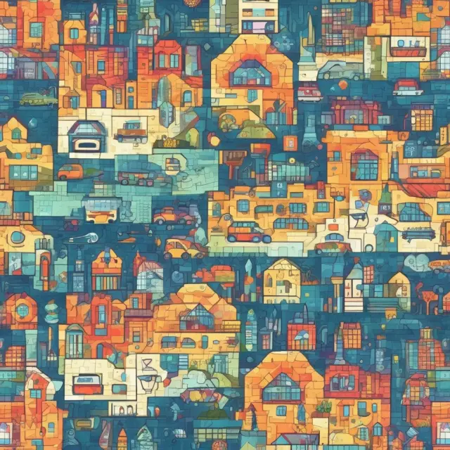 A mosaic of various industries, symbolizing horizontal markets where businesses cater to a broad audience and benefit from synergies between sectors