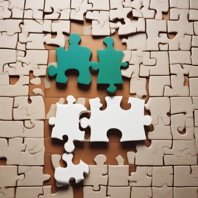 Two interlocking puzzle pieces symbolizing horizontal mergers, representing the growth and expansion of industry giants through consolidation