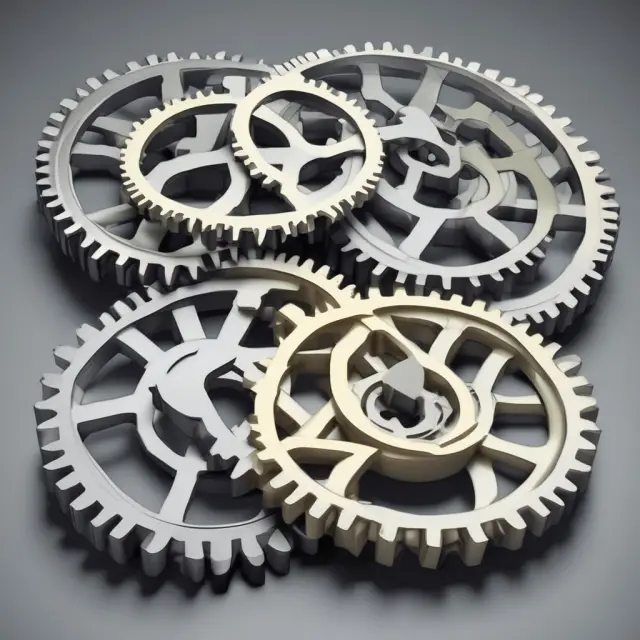 Interlocking gears representing Daimler-Benz and Chrysler, Exxon and Mobil, and AOL and Time Warner successful horizontal mergers