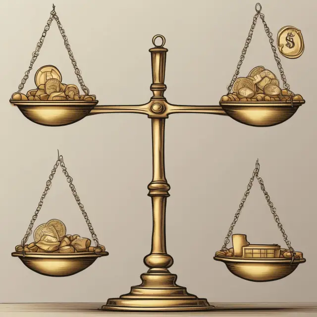 A golden scale balances funding sources for a horizontal merger: stock swaps, cash deals, and combinations.