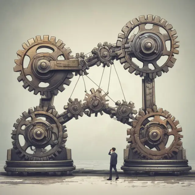 Two corporate gears on a balance scale with antitrust enforcers examining it, symbolizing regulatory review of horizontal mergers for fair competition