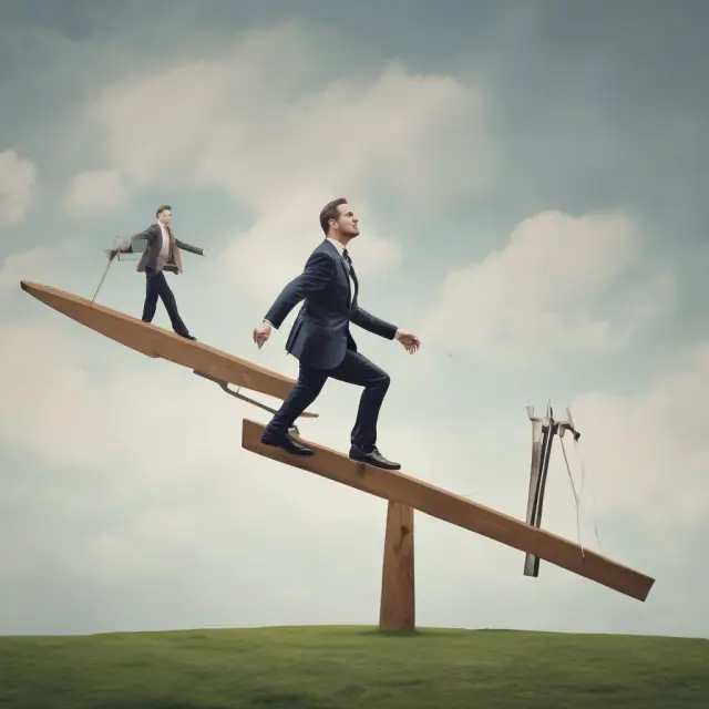 An investor balances a seesaw with long and short option positions, illustrating horizontal spread strategy for market volatility control.
