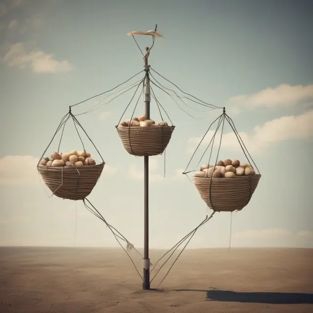 Tightrope walker carrying two baskets of options contracts representing the balancing act required for successful horizontal spread trading