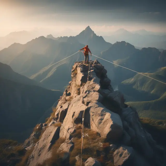 An investor scales a towering mountain, using one short rope for potential gains and one long rope to manage losses, emphasizing effective risk-reward ratio management in trading