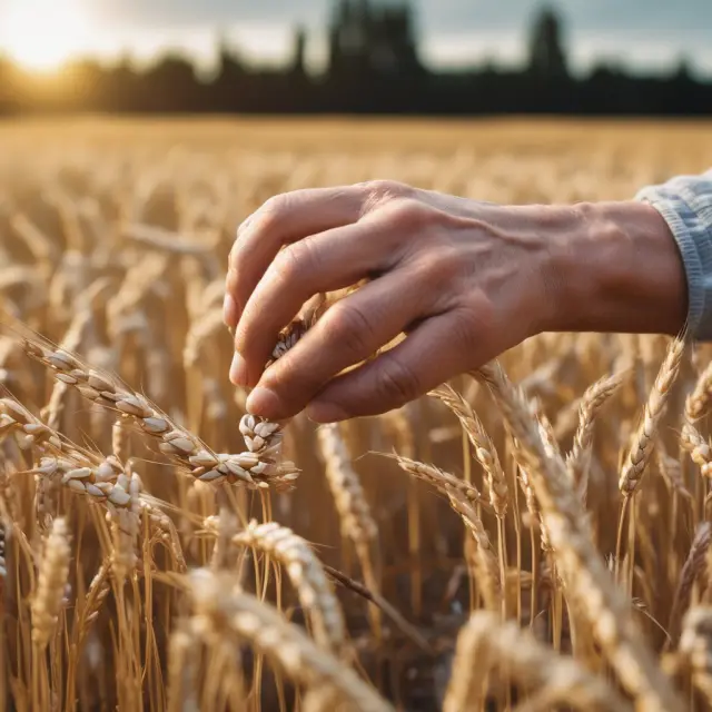 Elderly hand sowing seeds in golden wheat field. This image signifies workers contributing to the Federal Hospital Insurance Trust Fund.
