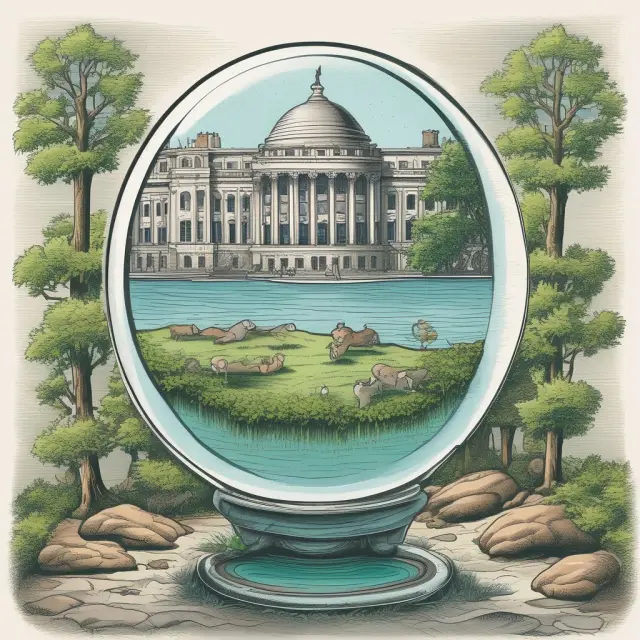 A crystal ball displays various legislative proposals, such as tax increases and financing structures, addressing the Federal Hospital Insurance Trust Fund