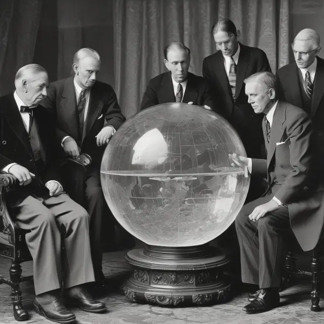 Board of Trustees analyzing future projections of Social Security and Medicare, crystal ball displaying trust fund solvency