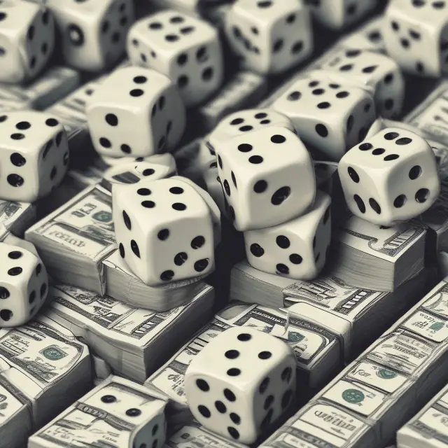 A rolling dice representing investment risk, with hospital buildings symbolizing bonds, and tax exemption coins contrasting with potential default outcomes