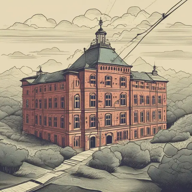 A hospital precariously balancing atop a thin rope, representing the inherent risks of hospital revenue bonds. The building is encircled by tax coins and financial health charts.