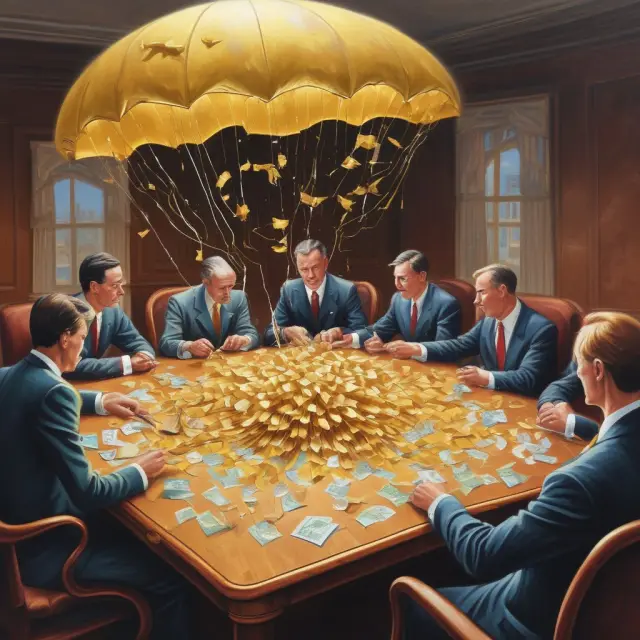 Executives and a hostile bidder engage in a proxy battle, with golden parachutes symbolizing defensive mechanisms and a complex puzzle representing the corporate landscape