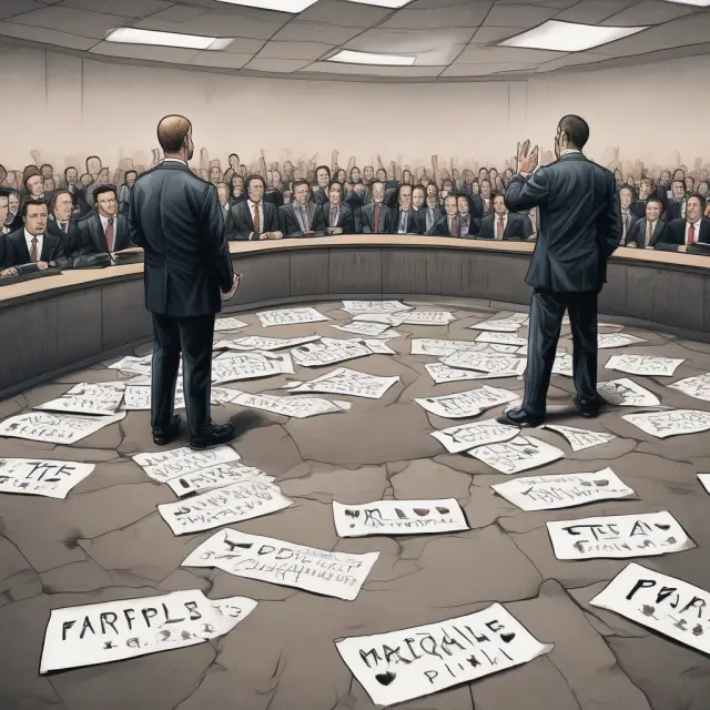 Two teams of shareholders face off in a courtroom setting, casting their votes, reflecting the complex and intricate nature of hostile bids