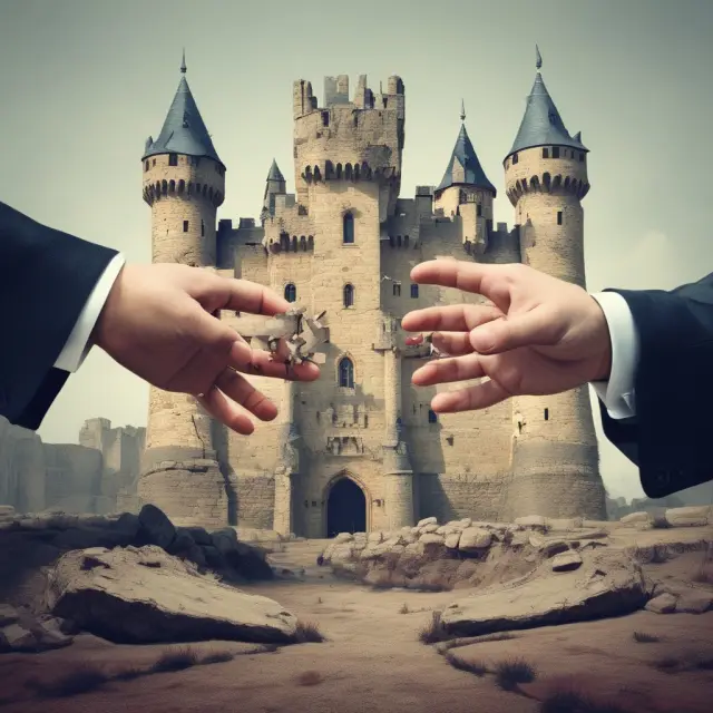 Two intruding hands representing hostile bids shattering a castled corporation, illustrating successful hostile takeovers