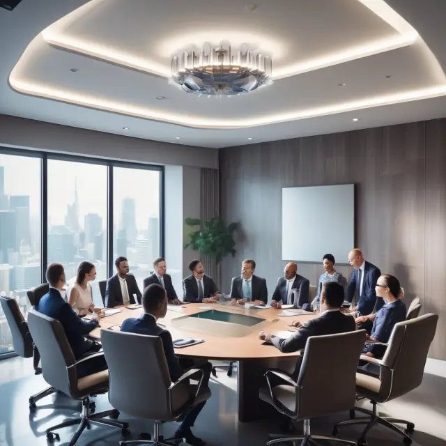 Stakeholders at a boardroom table employing defensive tactics to protect against hostile bids