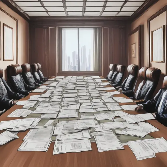 Image: A tense shareholder meeting discussing a hostile takeover attempt. SEO: hostile bids, boardroom, financial documents, shareholders.