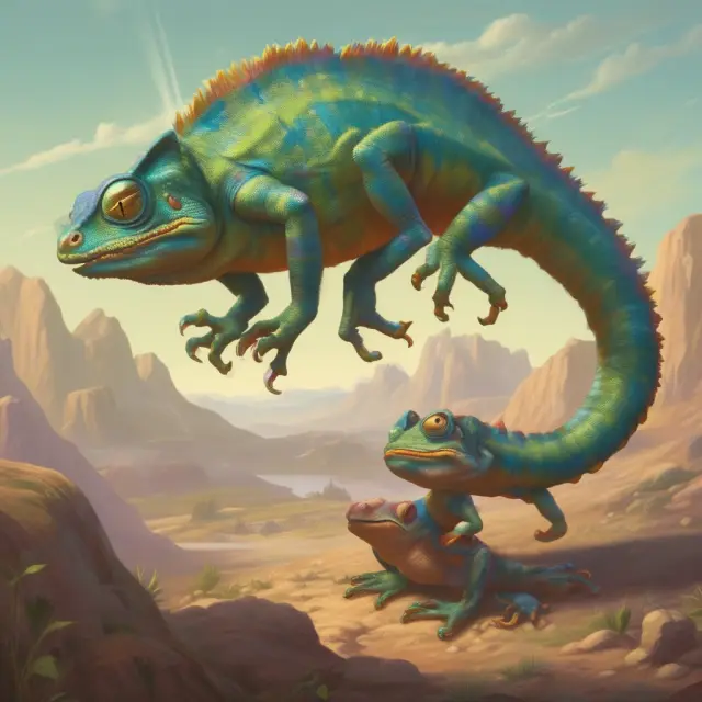 Chameleon swallowing a frog symbolizes company growth via hostile takeovers and elimination of competition