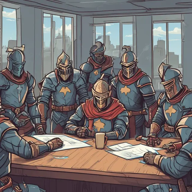 Board members represented as knights employing defensive strategies against advancing raiders: poison pill, golden parachutes, staggered board, white squire, and going private transaction.