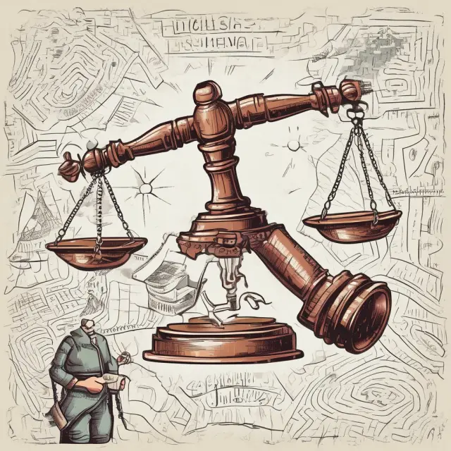 A judge holds a gavel and balances securities laws on the scales of justice while navigating a labyrinth representing regulatory approval processes.