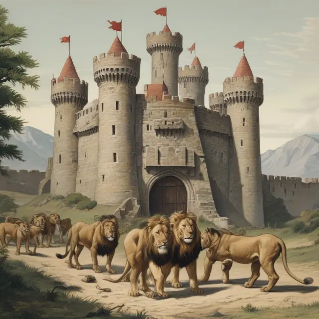 An image of a castle with lions standing guard at the entrance, representing a target company