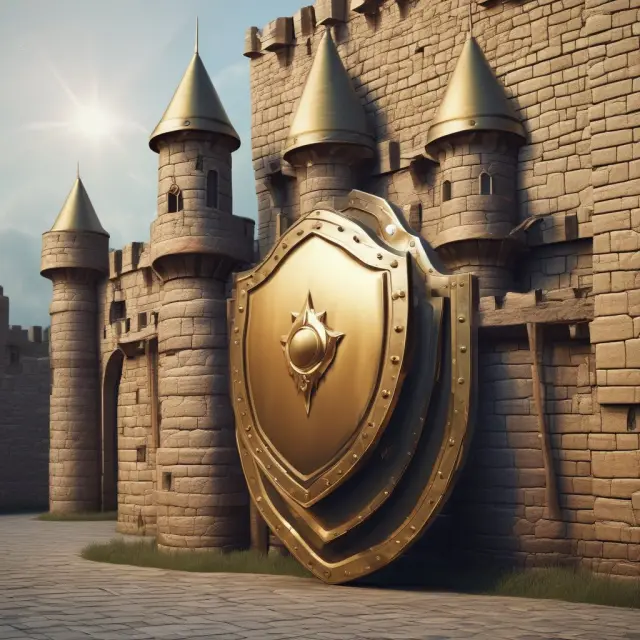 A golden shield adorned with defensive strategies shields a fortified castle, symbolizing target companies