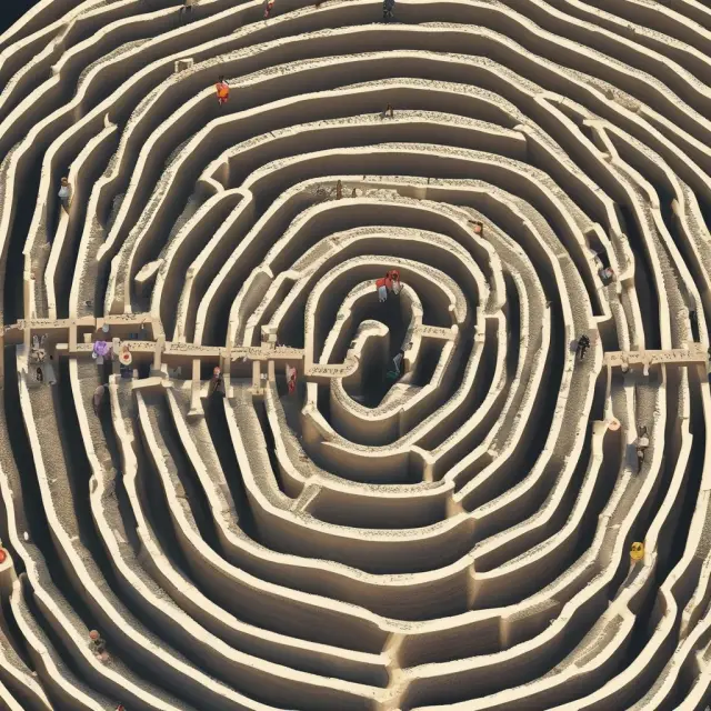 A globe surrounded by a labyrinth of winding passages. Investors navigate the maze, encountering forks symbolizing European, Asian, and North American regions.