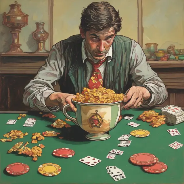 Person playing dice, surrounded by winnings and holding an overflowing cup, highlighting the illusion of influence over outcomes