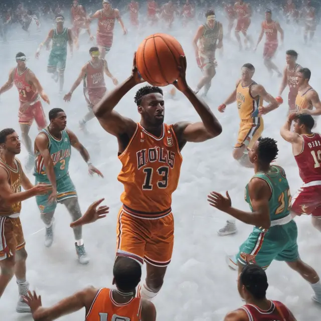 A basketball player with glowing hot hands passes the ball amidst ice-cold teammates, representing the influence of past successes on sports betting perceptions.