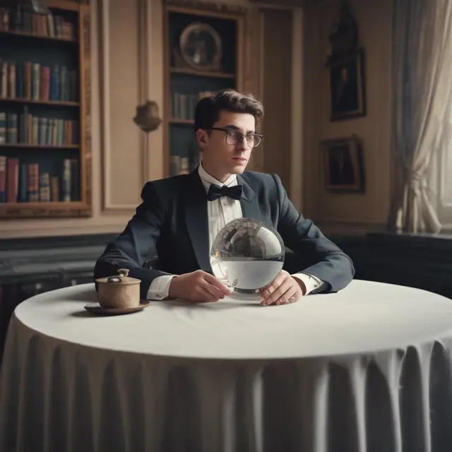 An attractive person serving at an empty economic table, considering various economic indicators.