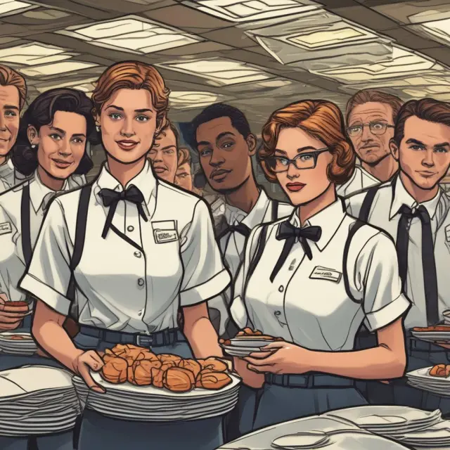 An assemblage of attractive servers standing on a turbulent sea, symbolizing the influence of pop culture on flawed economic indicators