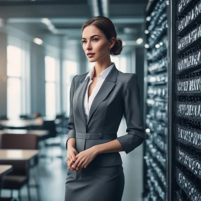 An attractive server ponders the impact of societal values and technology on her service sector job, symbolizing the changing role of beauty and employment as economic indicators.