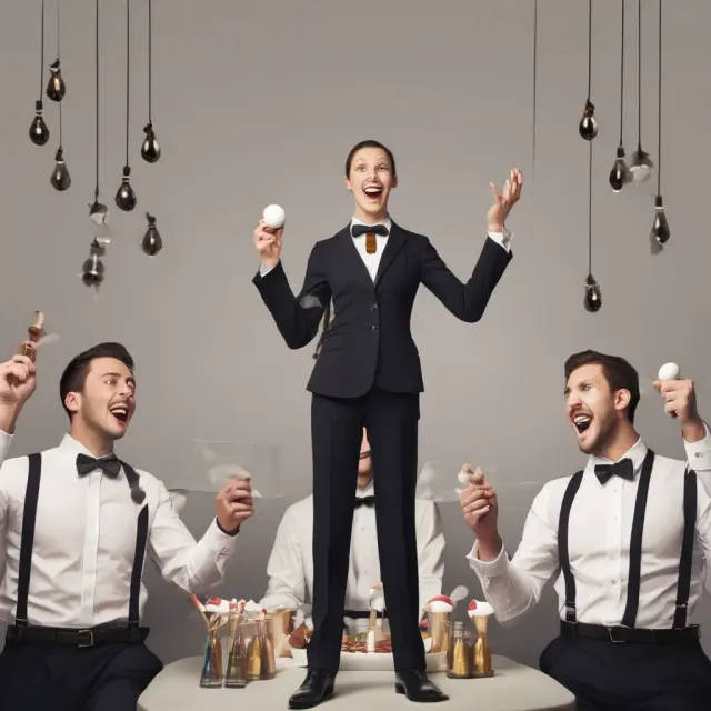 Servers, symbolizing the economy, juggle attractive balls in a scene reflecting economic instability