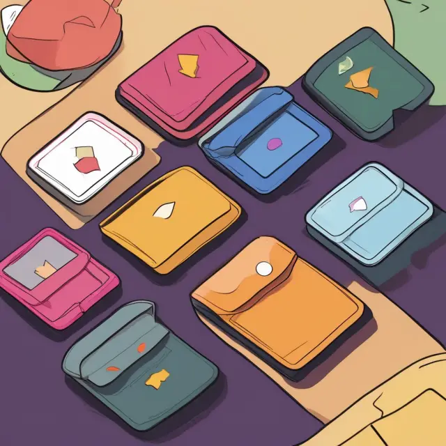 Four colorful hot wallet cards: MetaMask (Ethereum), Coinbase Wallet, Edge Wallet on a table. Users select one for their digital assets.
